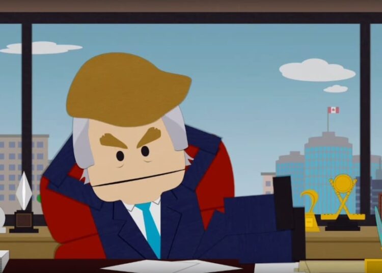 A cartoon of a man in a suit in the oval office