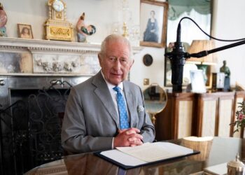 King Charles III recording a VJ Day message in the Morning Room of Clarence House, London