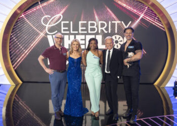 Joe Manganiello, Tiffany Haddish, and Matt Walsh with Pat Sajak and Vanna White in the 'Celebrity Wheel of Fortune' Season 5 premiere