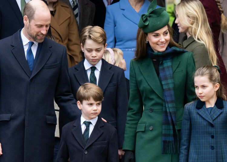 SANDRINGHAM, NORFOLK - DECEMBER 25: Prince William, Prince of Wales, Prince Louis of Wales, Prince George of Wales, Catherine, Princess of Wales and Princess Charlotte of Wales attend the Christmas Morning Service at Sandringham Church on December 25, 2024 in Sandringham, Norfolk. (Photo by Samir Hussein/WireImage)