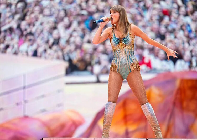 Taylor Swift performs at Wembley Stadium as part of her Eras Tour on 21 June 2024 in London