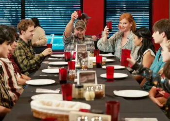 Courtesy of Netflix (L to R) Corey Fogelmanis as Nathan, Isaac Arellanes as Isaac, Myles Perez as Lee, Connor Stanhope as Danny, Marc Blucas as George, Sarah Rafferty as Katherine, Nikki Rodriguez as Jackie, Dean Petriw as Jordan, Alix West Lefler as Parker, and Lennix James as Benny on 'My Life with the Walter Boys'