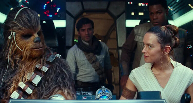 FILE - (From left to right) Joonas Suotamo as Chewbacca, Oscar Isaac as Poe Dameron, John Boyega as Finn, and Daisy Ridley as Rey in "Star Wars: The Rise of Skywalker." Boyega will be one of the guests at this year's Dragon Con.