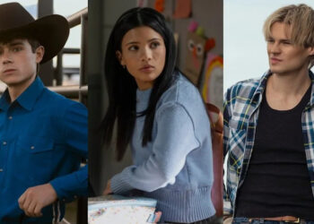From left to right: Alex leaning against a gate, Jackie sitting at her desk looking to her right and Cole looking to his left in My Life with the Walter Boys. .