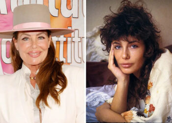 A split of Kelly LeBrock posing on a red carpet in 2021 and lying on a bed in a stock photo in 1982.