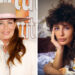 A split of Kelly LeBrock posing on a red carpet in 2021 and lying on a bed in a stock photo in 1982.