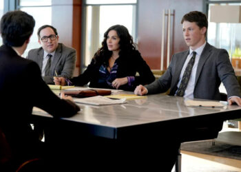 THE RAINMAKER -- Episode 103 -- Pictured: (l-r) PJ Byrne as Deck Shifflet, Lana Parrilla as Jocelyn "Bruiser" Stone, Milo Callaghan as Rudy Baylor -- (Photo by: Christopher Barr/USA Network)