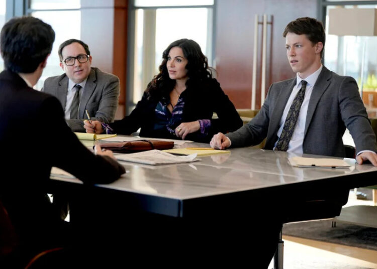 THE RAINMAKER -- Episode 103 -- Pictured: (l-r) PJ Byrne as Deck Shifflet, Lana Parrilla as Jocelyn "Bruiser" Stone, Milo Callaghan as Rudy Baylor -- (Photo by: Christopher Barr/USA Network)