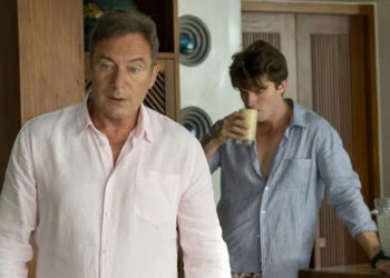 Jason Isaacs and Patrick Schwarzenegger in "The White Lotus" season 3.