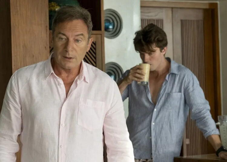 Jason Isaacs and Patrick Schwarzenegger in "The White Lotus" season 3.