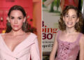 A split of Christa B. Allen in 2019 and Christa at the 13 Going on 30 premiere in 2004.
