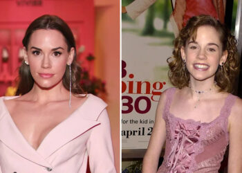 A split of Christa B. Allen in 2019 and Christa at the 13 Going on 30 premiere in 2004.