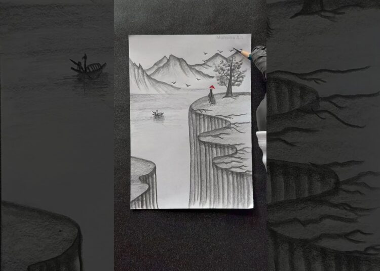 Easy landscape drawing technique 🤔😱 #shorts #craft #art #drawing #crafts #satisfying