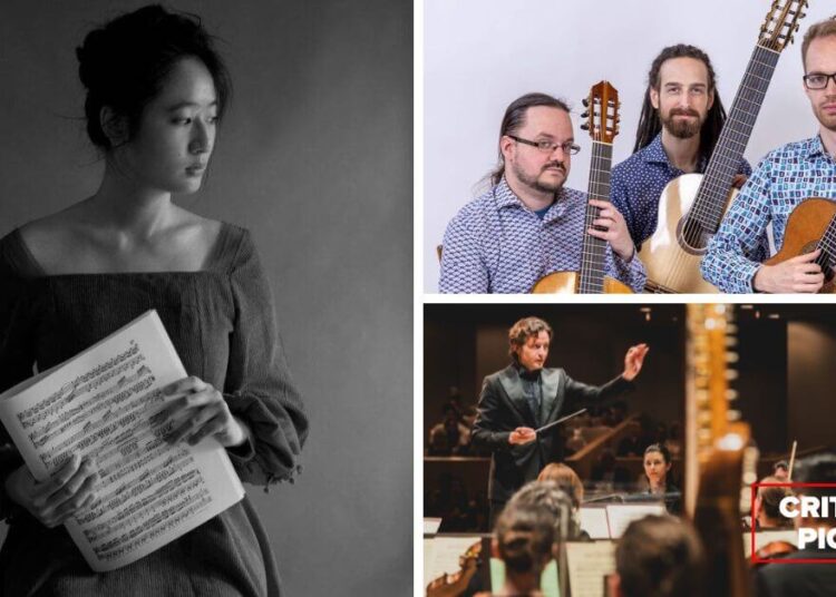 L-R (clockwise): Louise Hung, co-artistic director of North Wind Concerts (Photo courtesy of the artist); The Ottawa Guitar Trio (Photo courtesy of the artists); Gustavo Gimeno conducts the Toronto Symphony Orchestra (Photo: Allan Cabral/Courtesy of the TSO)