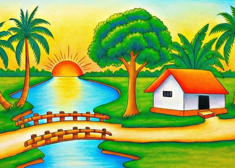 How to draw easy scenery drawing beautiful village landscape scenery step by step