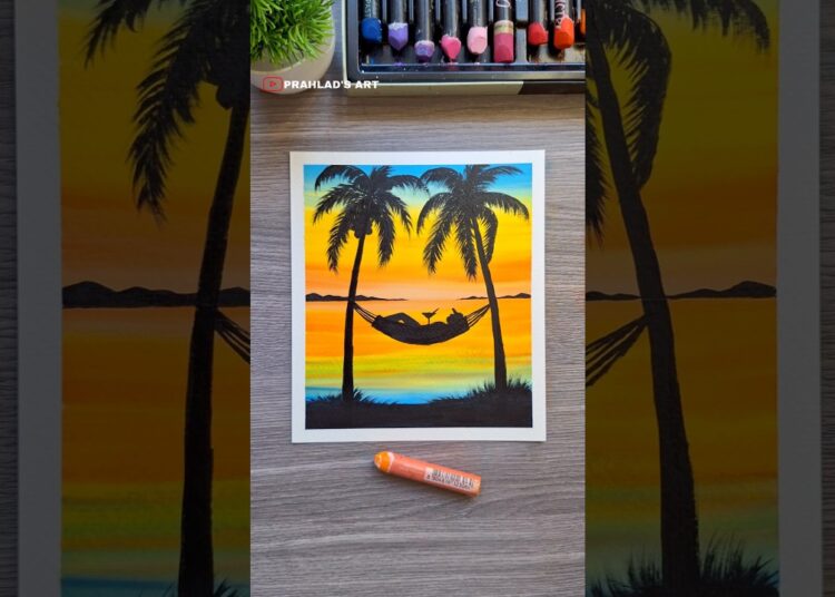 🌊 Relaxing Beach Sunset Drawing | Oil Pastel Art #drawing #oilpastel