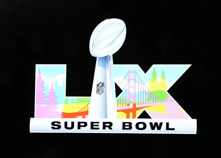 Feb 10, 2025; New Orleans, LA, USA; The Super Bowl LX (60) logo is unveiled at the Super Bowl LIX host committee handoff press conference. Mandatory Credit: Kirby Lee-Imagn Images