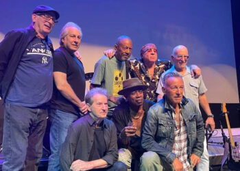 Eddie Manion (L-R), Max Weinberg, Garry Tallent, Ernest 'Boom' Carter, David Sancious, Steve Van Zandt, Bruce Springsteen and Roy Bittan at the Springsteen Archives "Born to Run” 50th anniversary main event Saturday, Sept. 6 at the Pollak Theatre.
