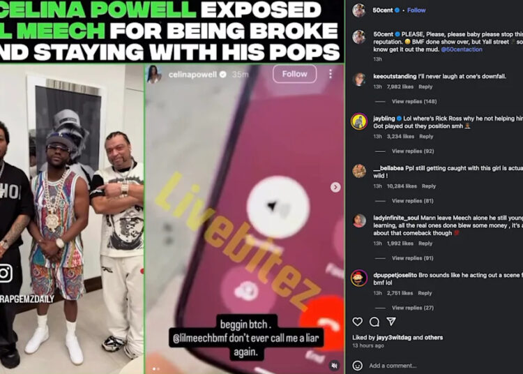 A social media post featuring three men posing together, with text discussing Celina Powell exposing Lil Meech. Instagram comments are visible.