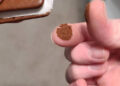 A partially eaten ice cream sandwich with some crumbs on a person's fingertip