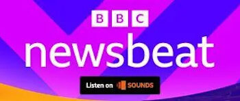 A footer logo for BBC Newsbeat. It has the BBC logo and the word Newsbeat in white over a colorful background of violet, purple and orange shapes. At the bottom a black square reading "Listen on Sounds" is visible.