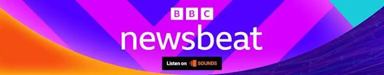 A footer logo for BBC Newsbeat. It has the BBC logo and the word Newsbeat in white over a colorful background of violet, purple and orange shapes. At the bottom a black square reading "Listen on Sounds" is visible.