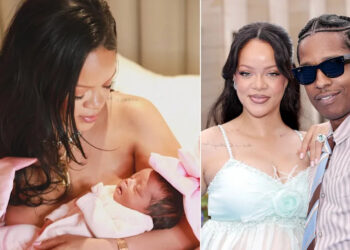 Rihanna holding a baby with a pink bow on the left. On the right, Rihanna is with A$AP Rocky, both smiling.