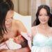 Rihanna holding a baby with a pink bow on the left. On the right, Rihanna is with A$AP Rocky, both smiling.