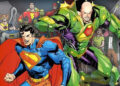 Man of Tomorrow concept art showing Superman and Lex Luthor teaming up superimposed over a group of heroes from the cover of Whatever Happened to the Man of Tomorrow?.