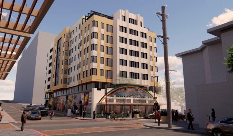 An architect's rendering shows an eight-story apartment building rising behind the facade of Amoeba Music in Berkeley