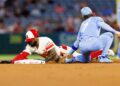 Luis Rengifo #2 of the Los Angeles Angels slides safe into second base against Bobby Witt Jr. #7 of the Kansas City Royals during the game at Angel Stadium of Anaheim on September 24, 2025 in Anaheim, California.