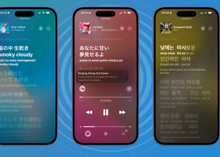 iPhones showing the new pronunciation tool in Apple Music's lyrics screen, shown for both Japanese and Korean music