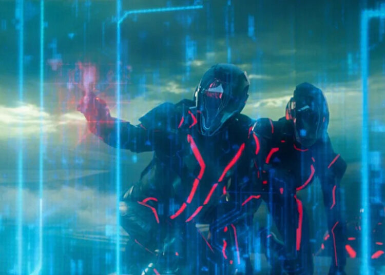 Dillinger Programs run into a blue wall of code in Tron: Ares.
