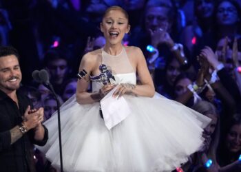 Christian Breslauer, left, and Ariana Grande accept the award for video of the year for "Brighter Days Ahead" during the MTV Video Music Awards on Sunday, Sept. 7, 2025, at UBS Arena in Elmont, N.Y. (Photo by Charles Sykes/Invision/AP)