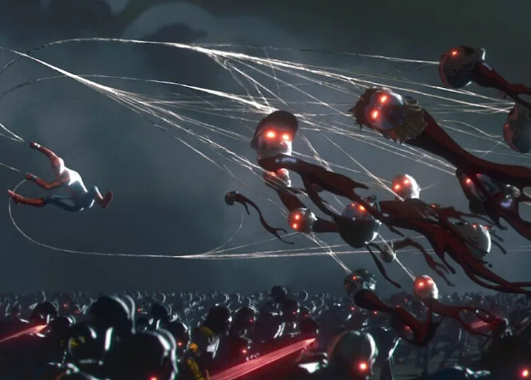 An animated Spider-Man using his webs to rip the heads off zombies on Marvel Zombies