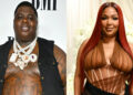 Two images side by side: left, a man with tattoos and chains; right, a woman with long red hair in a sheer top.