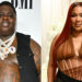 Two images side by side: left, a man with tattoos and chains; right, a woman with long red hair in a sheer top.