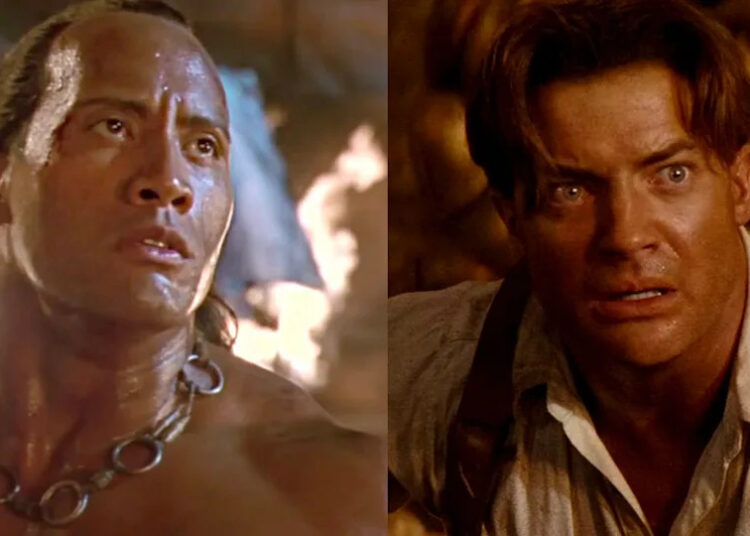 The Rock in his first starring role as The Scorpion King, Brendan Fraser looking scared in The Mummy Returns. .