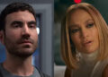 Brett Goldstein looking peeved as Roy Kent in Ted Lasso/ Jennifer Lopez with a bob in the 2022 movie Marry Me. (side by side image).