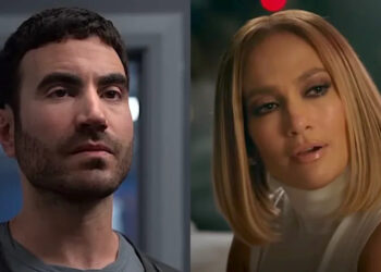 Brett Goldstein looking peeved as Roy Kent in Ted Lasso/ Jennifer Lopez with a bob in the 2022 movie Marry Me. (side by side image).