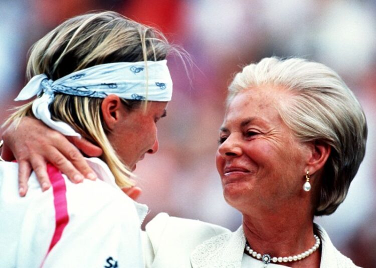 Tennis star Jana Novotna is consoled by the Duchess of Kent after her defeat in the women's singles final at the Wimbledon Championships in London on July 3, 1993.