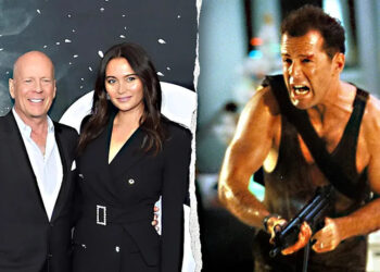 A split side-by-side image of Bruce Willis and Emma Heming Willis and Bruce Willis filming "Die Hard."