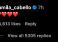Camila Cabello's Instagram comment with four red heart emojis, 54,613 likes, and 5,305 replies.