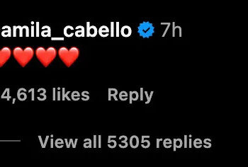 Camila Cabello's Instagram comment with four red heart emojis, 54,613 likes, and 5,305 replies.