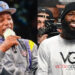 Two men side by side; one in a sports jacket and cap speaking into a microphone, the other in a white shirt smiling.