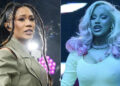 Bia performing on stage with long braided hair, wearing a stylish green outfit. Cardi B at another performance, hair styled in loose curls, wearing a fitted dress
