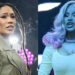 Bia performing on stage with long braided hair, wearing a stylish green outfit. Cardi B at another performance, hair styled in loose curls, wearing a fitted dress