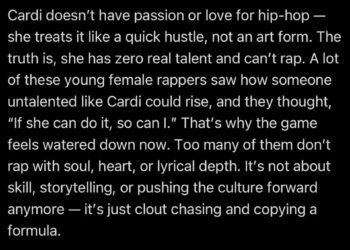Screenshot of a social media post criticizing Cardi B's impact on hip-hop, suggesting a lack of passion and talent.
