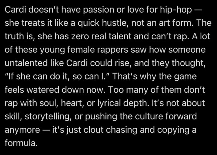 Screenshot of a social media post criticizing Cardi B's impact on hip-hop, suggesting a lack of passion and talent.