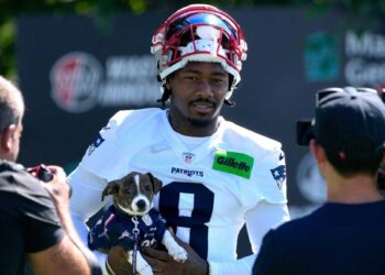 Patriots wide receiver Stefon Diggs carries an adoptable pup as he enters the practice field on July 23, 2025,
